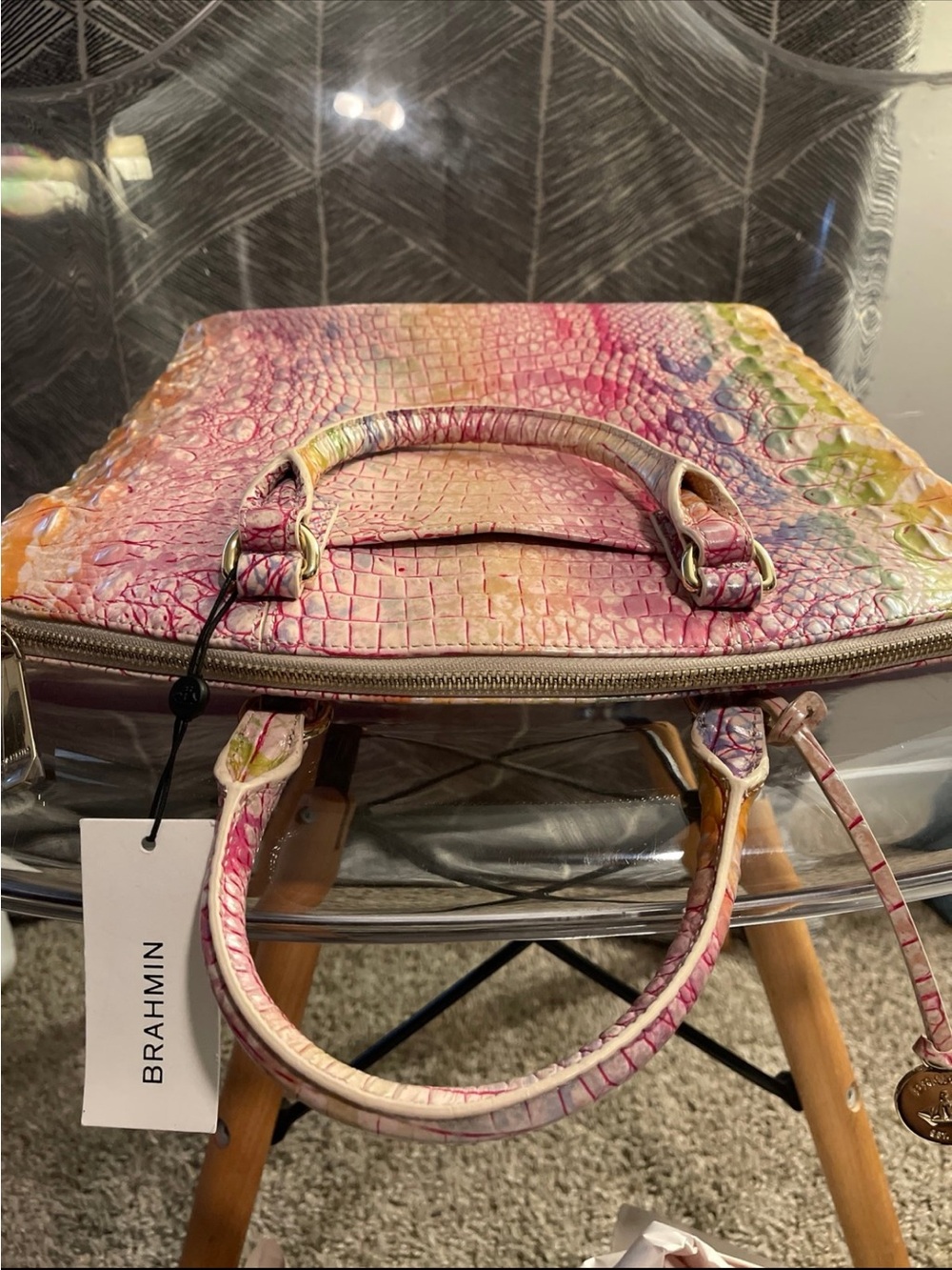 Brahmin Multicolor Croc-Embossed Satchel - Pink, Yellow, Green, Blue - Picture 6 of 9
